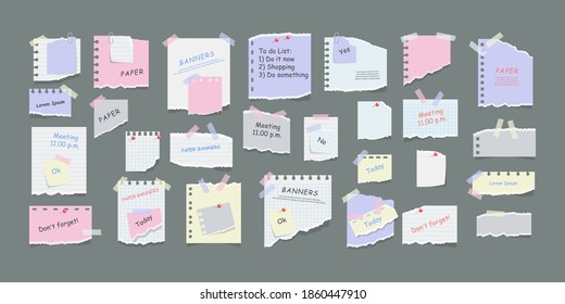 Information reminder. Paper notes on stickers, notepads and memo messages torn paper sheets. Blank notepaper of meeting reminder, to do list and office notice or information board. Vector illustration