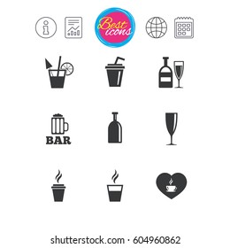 Information, report and calendar signs. Beer, coffee and tea icons. Beer, wine and cocktail signs. Soft and alcohol drinks symbols. Classic simple flat web icons. Vector