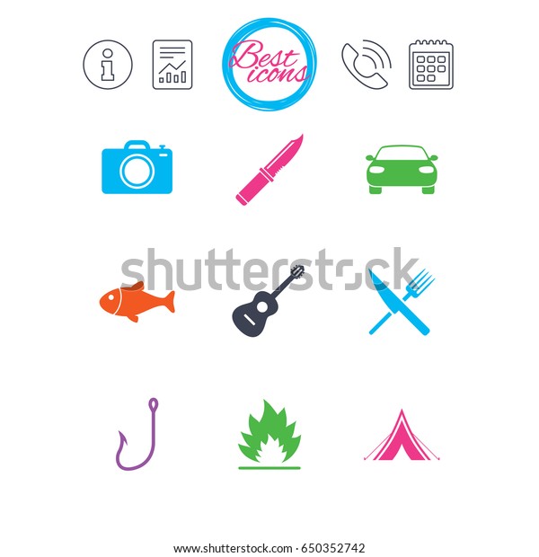 Information, report\
and calendar signs. Camping travel icons. Fishing, campfire and\
tourist tent signs. Guitar music, fork and knife symbols. Classic\
simple flat web icons.\
Vector