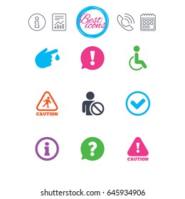 Information, report and calendar signs. Caution and attention icons. Question mark and information signs. Injury and disabled person symbols. Classic simple flat web icons. Vector