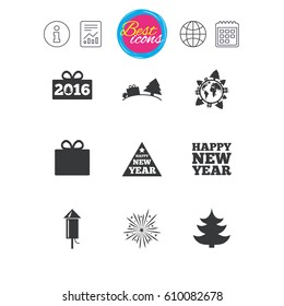 Information, report and calendar signs. Christmas, new year icons. Gift box, fireworks signs. Santa bag, salut and rocket symbols. Classic simple flat web icons. Vector
