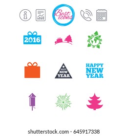 Information, report and calendar signs. Christmas, new year icons. Gift box, fireworks signs. Santa bag, salut and rocket symbols. Classic simple flat web icons. Vector