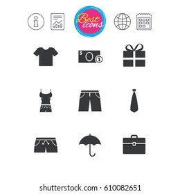 Information, report and calendar signs. Clothing, accessories icons. T-shirt, business case signs. Umbrella and gift box symbols. Classic simple flat web icons. Vector