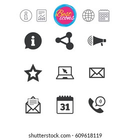 Information, report and calendar signs. Communication icons. Contact, mail signs. E-mail, information speech bubble and calendar symbols. Classic simple flat web icons. Vector