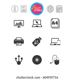 Information, report and calendar signs. Computer devices icons. Printer, laptop signs. Smartphone, monitor and usb symbols. Classic simple flat web icons. Vector