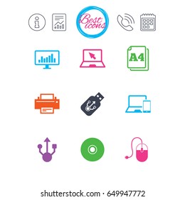 Information, report and calendar signs. Computer devices icons. Printer, laptop signs. Smartphone, monitor and usb symbols. Classic simple flat web icons. Vector