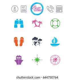 Information, report and calendar signs. Cruise trip, ship and yacht icons. Travel, lifebuoy and palm trees signs. Binoculars, windrose and storm symbols. Classic simple flat web icons. Vector