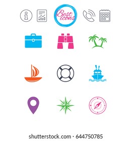 Information, report and calendar signs. Cruise trip, ship and yacht icons. Travel, cocktails and palm trees signs. Sunglasses, windrose and swimming symbols. Classic simple flat web icons. Vector