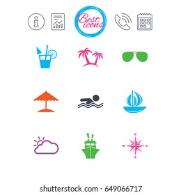 Information, report and calendar signs. Cruise trip, ship and yacht icons. Travel, cocktails and palm trees signs. Sunglasses, windrose and swimming symbols. Classic simple flat web icons. Vector