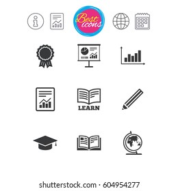 Information, report and calendar signs. Education and study icon. Presentation signs. Report, analysis and award medal symbols. Classic simple flat web icons. Vector