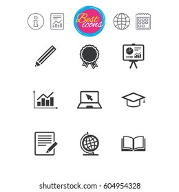 Information, report and calendar signs. Education and study icon. Presentation signs. Report, analysis and award medal symbols. Classic simple flat web icons. Vector