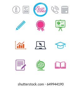 Information, report and calendar signs. Education and study icon. Presentation signs. Report, analysis and award medal symbols. Classic simple flat web icons. Vector