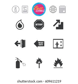 Information, report and calendar signs. Fire safety, emergency icons. Fire extinguisher, exit and stop signs. Elevator, water drop and match symbols. Classic simple flat web icons. Vector