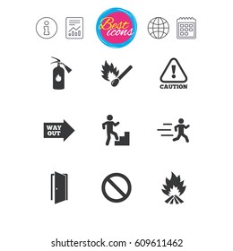 Information, report and calendar signs. Fire safety, emergency icons. Fire extinguisher, exit and attention signs. Caution, water drop and way out symbols. Classic simple flat web icons. Vector