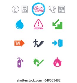 Information, report and calendar signs. Fire safety, emergency icons. Fire extinguisher, exit and attention signs. Caution, water drop and way out symbols. Classic simple flat web icons. Vector