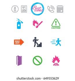 Information, report and calendar signs. Fire safety, emergency icons. Fire extinguisher, exit and attention signs. Caution, water drop and way out symbols. Classic simple flat web icons. Vector