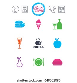 Information, report and calendar signs. Food, drink icons. Grill, burger and ice cream signs. Chicken, champagne and apple symbols. Classic simple flat web icons. Vector