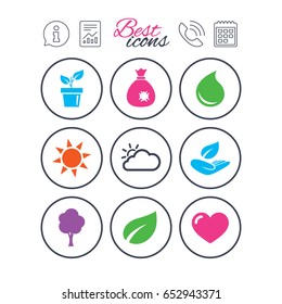 Information, report and calendar signs. Garden sprout, leaf icons. Nature and weather signs. Sun, cloud and tree symbols. Phone call symbol. Classic simple flat web icons. Vector