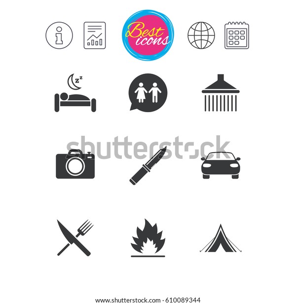 Information, report and\
calendar signs. Hiking trip icons. Camping, shower and wc toilet\
signs. Tourist tent, fork and knife symbols. Classic simple flat\
web icons. Vector