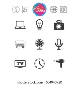 Information, report and calendar signs. Home appliances, device icons. Air conditioning sign. Photo camera, computer and ventilator symbols. Classic simple flat web icons. Vector