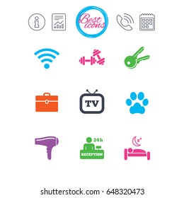 Information, report and calendar signs. Hotel, apartment service icons. Wi-fi internet. Reception, pets allowed and hairdryer symbols. Classic simple flat web icons. Vector