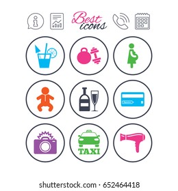 Information, report and calendar signs. Hotel, apartment service icons. Fitness gym. Alcohol cocktail, taxi and hairdryer symbols. Phone call symbol. Classic simple flat web icons. Vector