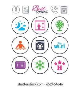 Information, report and calendar signs. Hotel, apartment service icons. Washing machine. Wifi, air conditioning and swimming pool symbols. Phone call symbol. Classic simple flat web icons. Vector