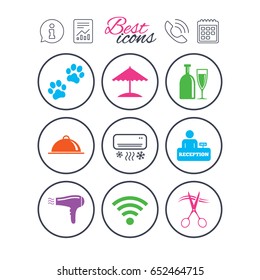 Information, report and calendar signs. Hotel, apartment services icons. Wifi internet sign. Pets allowed, alcohol and air conditioning symbols. Phone call symbol. Classic simple flat web icons