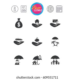Information, report and calendar signs. Insurance icons. Life, Real estate and House signs. Money bag, family and travel symbols. Classic simple flat web icons. Vector