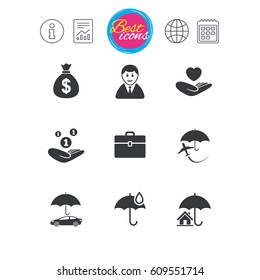 Information, report and calendar signs. Insurance icons. Life, Real estate and House signs. Saving money, vehicle and umbrella symbols. Classic simple flat web icons. Vector