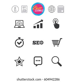 Information, report and calendar signs. Internet, seo icons. Online shopping, charts and speed signs. Chat messages symbol. Classic simple flat web icons. Vector