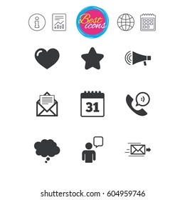 Information, report and calendar signs. Mail, contact icons. Favorite, like and calendar signs. E-mail, chat message and phone call symbols. Classic simple flat web icons. Vector