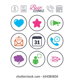 Information, report and calendar signs. Mail, contact icons. Favorite, like and calendar signs. E-mail, chat message and phone call symbols. Phone call symbol. Classic simple flat web icons. Vector