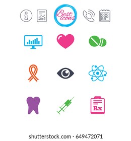 Information, report and calendar signs. Medicine, medical health and diagnosis icons. Syringe injection, heart and pills signs. Tooth, awareness ribbon symbols. Classic simple flat web icons. Vector