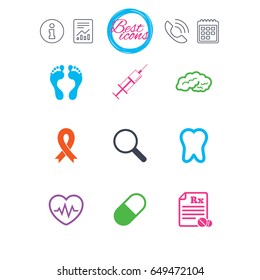 Information, report and calendar signs. Medicine, medical health and diagnosis icons. Syringe injection, heartbeat and pills signs. Tooth, neurology symbols. Classic simple flat web icons. Vector
