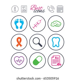 Information, report and calendar signs. Medicine, medical health and diagnosis icons. Syringe injection, heartbeat and pills signs. Tooth, neurology symbols. Phone call symbol. Vector