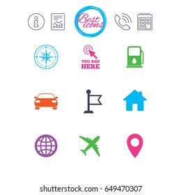 Information, report and calendar signs. Navigation, gps icons. Windrose, compass and map pointer signs. Car, airplane and flag symbols. Classic simple flat web icons. Vector