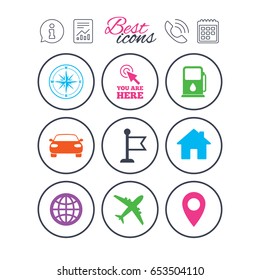 Information, report and calendar signs. Navigation, gps icons. Windrose, compass and map pointer signs. Car, airplane and flag symbols. Phone call symbol. Classic simple flat web icons. Vector