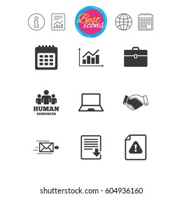 Information, report and calendar signs. Office, documents and business icons. Human resources, handshake and download signs. Chart, laptop and calendar symbols. Classic simple flat web icons. Vector