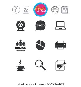 Information, report and calendar signs. Office, documents and business icons. Pie chart, byod and printer signs. Report, magnifier and web camera symbols. Classic simple flat web icons. Vector
