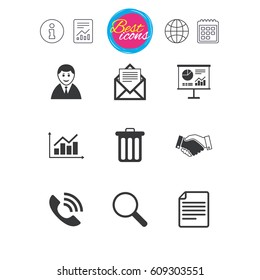 Information, report and calendar signs. Office, documents and business icons. Businessman, handshake and call signs. Chart, presentation and mail symbols. Classic simple flat web icons. Vector