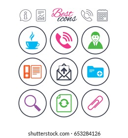 Information, report and calendar signs. Office, documents and business icons. Coffee, phone call and businessman signs. Safety pin, magnifier and mail symbols. Phone call symbol. Vector