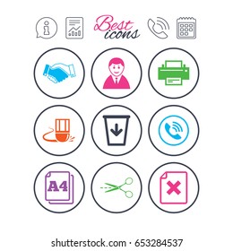 Information, report and calendar signs. Office, documents and business icons. Printer, handshake and phone signs. Boss, recycle bin and eraser symbols. Phone call symbol. Classic simple flat web icons
