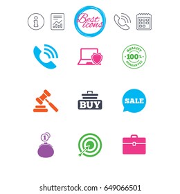 Information, report and calendar signs. Online shopping, e-commerce and business icons. Auction, phone call and sale signs. Cash money, case and target symbols. Classic simple flat web icons. Vector