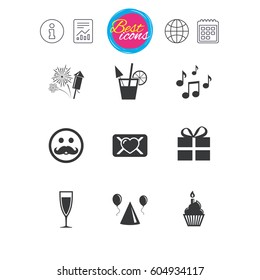 Information, report and calendar signs. Party celebration, birthday icons. Musical notes, air balloon and champagne glass signs. Gift box, fireworks and cocktail symbols. Classic simple flat web icons