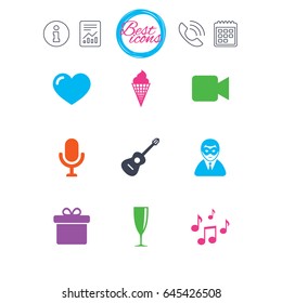 Information, report and calendar signs. Party celebration, birthday icons. Carnival, guitar and champagne glass signs. Gift box, ice cream and love symbols. Classic simple flat web icons. Vector