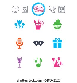 Information, report and calendar signs. Party celebration, birthday icons. Cocktail, air balloon and champagne glass signs. Gift box, flowers and carnival symbols. Classic simple flat web icons