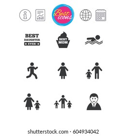 Information, report and calendar signs. People, family icons. Swimming pool, person signs. Best mom, father and mother symbols. Classic simple flat web icons. Vector