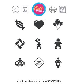 Information, report and calendar signs. Pregnancy, maternity and baby care icons. Candy, strollers and fasten seat belt signs. Footprint, love and balloon symbols. Classic simple flat web icons