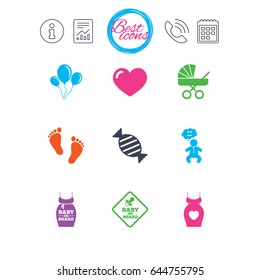 Information, report and calendar signs. Pregnancy, maternity and baby care icons. Newborn, strollers and pacifier signs. Footprint, candy and love symbols. Classic simple flat web icons. Vector